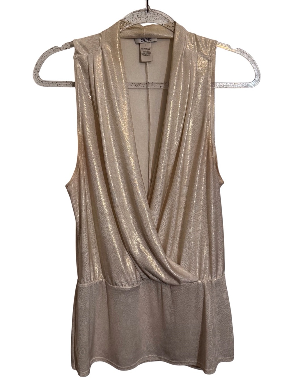 Cache Vintage Y2K Surplice Top Large Sleeveless Metallic Stretchy V-Neck Gold